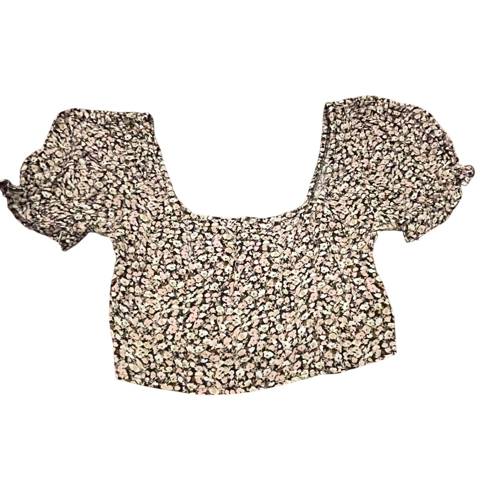 Urban Outfitters Floral Square Neck Puff Sleeve Smocked Crop Top Pink Small